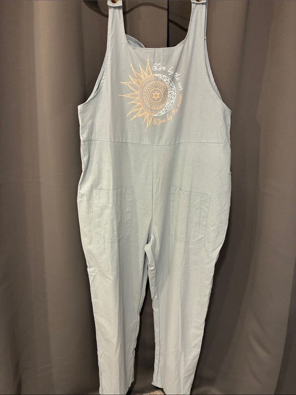 Casual Light Blue Sun Graphic Cotton Jumpsuit